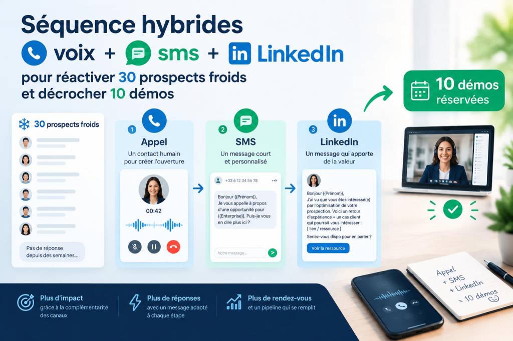 Séquence hybrides voix + sms + LinkedIn pour réactiver 30 prospects froids et décrocher 10 démos